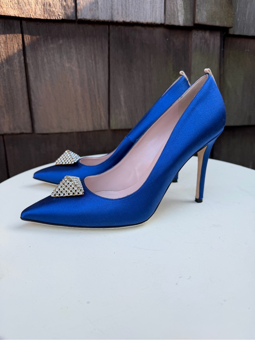 SJP Sarah Jessica Parker stiletto heels shoes pumps blue satin rhinestones 7.5